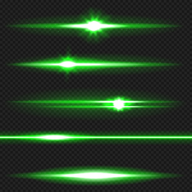  Green horizontal lens flares pack. Laser beams, horizontal light rays. 