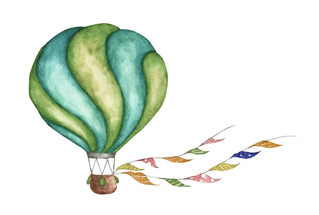 Green hot air balloon with flags garlands