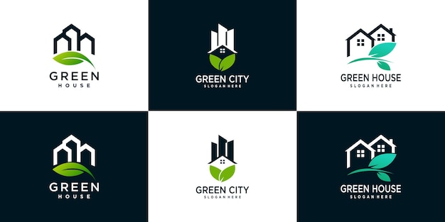 Green house logo design collection with creative modern concept Premium Vector