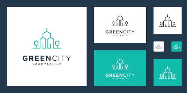 Green House Logo Real Estate Template. minimalist outline symbol for environmentally friendly buildings.