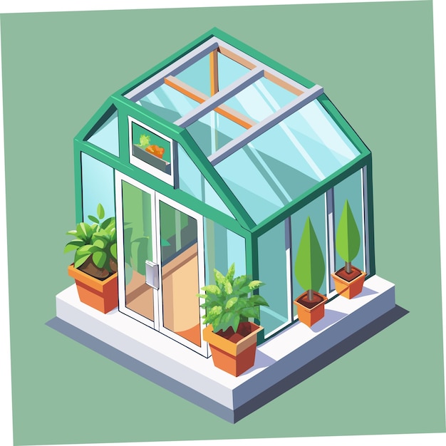 Vector a green house with a green roof and a planter with plants in it