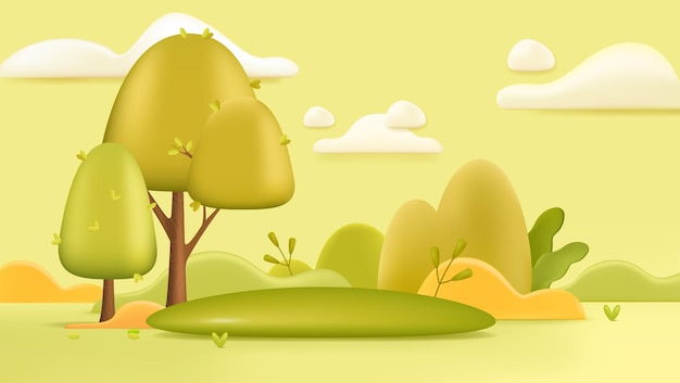 Green landscape background 3d illustration. Summer forest meadow with trees and grass in cartoon style. Nature, season, summer concept