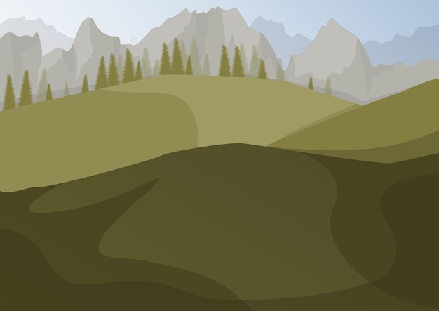 Vector green landscape with forest and gray mountains