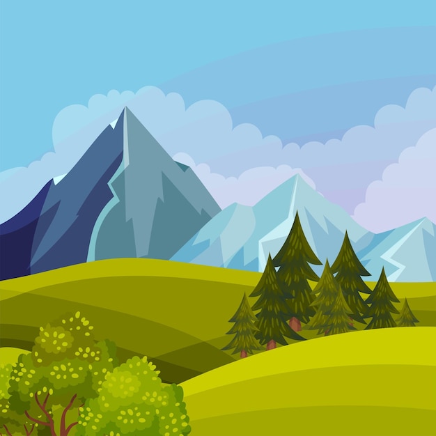 Green Landscape with Mountain Peaks Grassy Hills and Clear Sky Vector Illustration