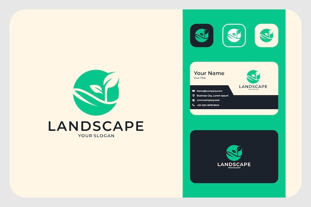 Green leaf landscape logo design and business card