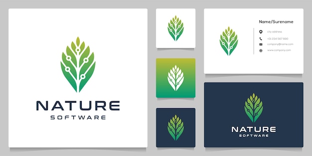 Green Leaf with circuit software technology Logo Design idea