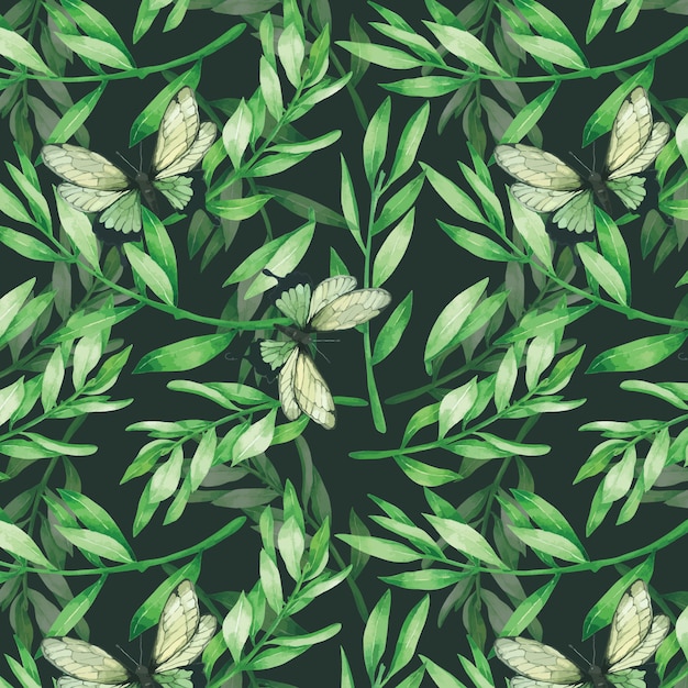 Green Leave and Butterfly Seamless Pattern in watercolor