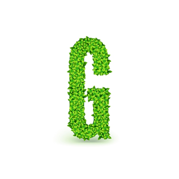 Green Leaves font. Capital letter G consisting of green leaves, vector illustration.