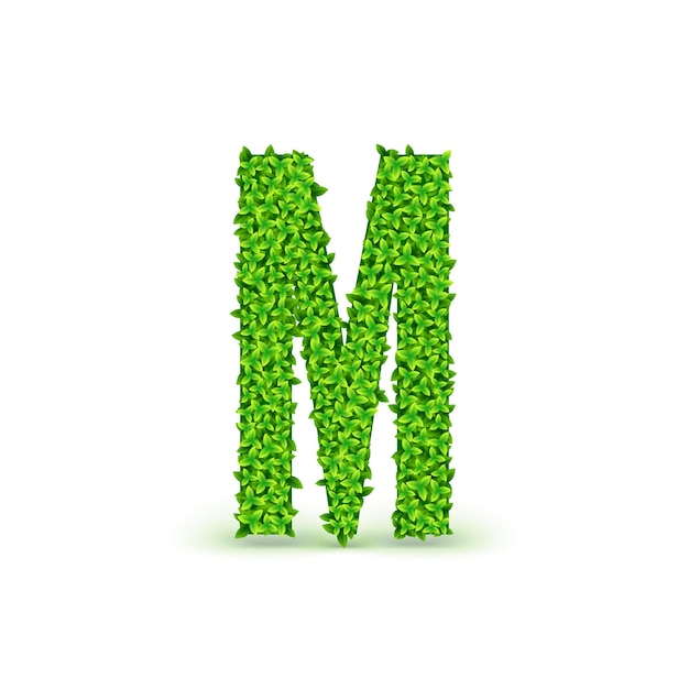 Green Leaves font. Capital letter M consisting of green leaves, vector illustration.