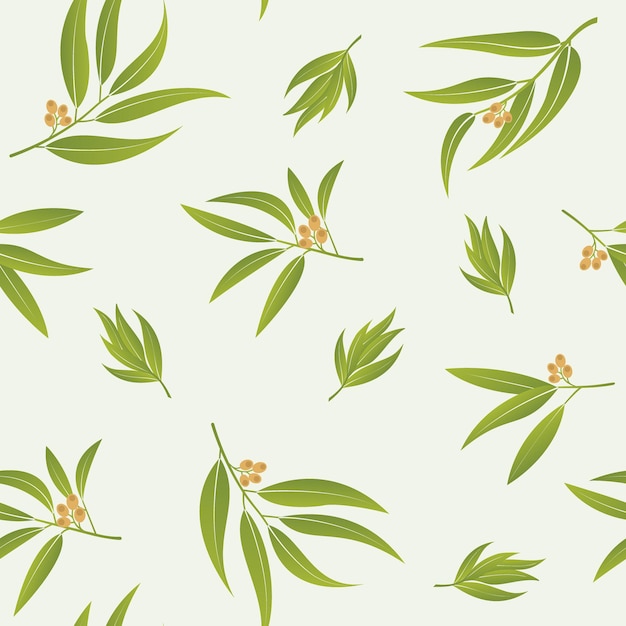 Green leaves vector seamless pattern Realistic eucalyptus leaves or summer tropical branches