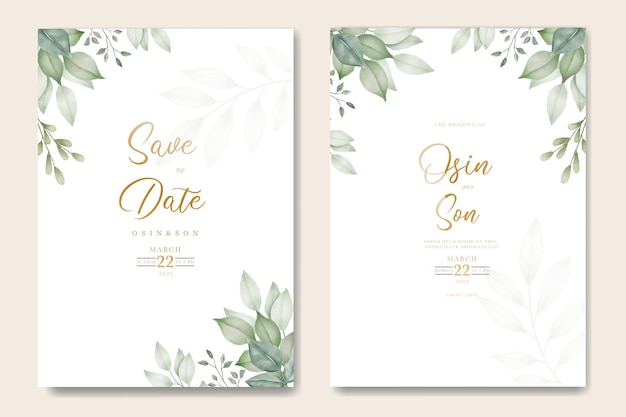 Green Leaves Watercolor Wedding Invitation Card Template