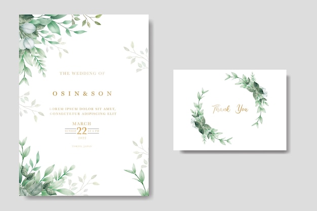 Green Leaves Watercolor Wedding Invitation Card Template