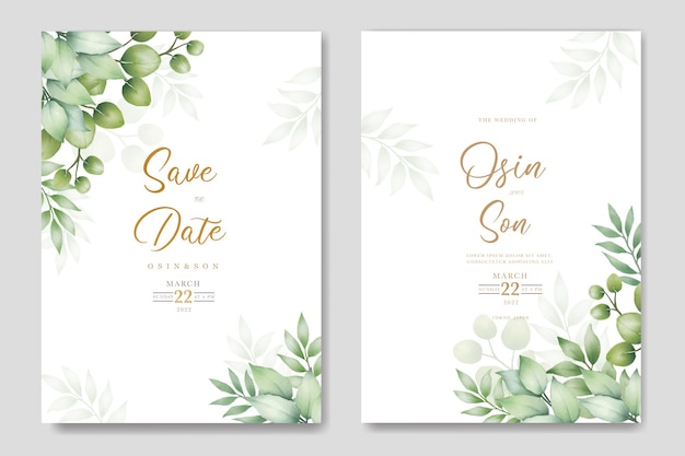 Green Leaves Watercolor Wedding Invitation Card Template