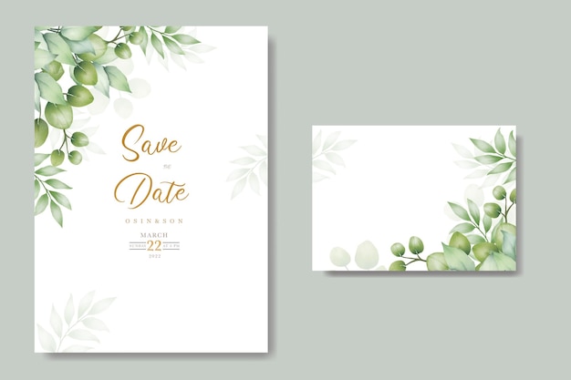 Green Leaves Watercolor Wedding Invitation Card Template