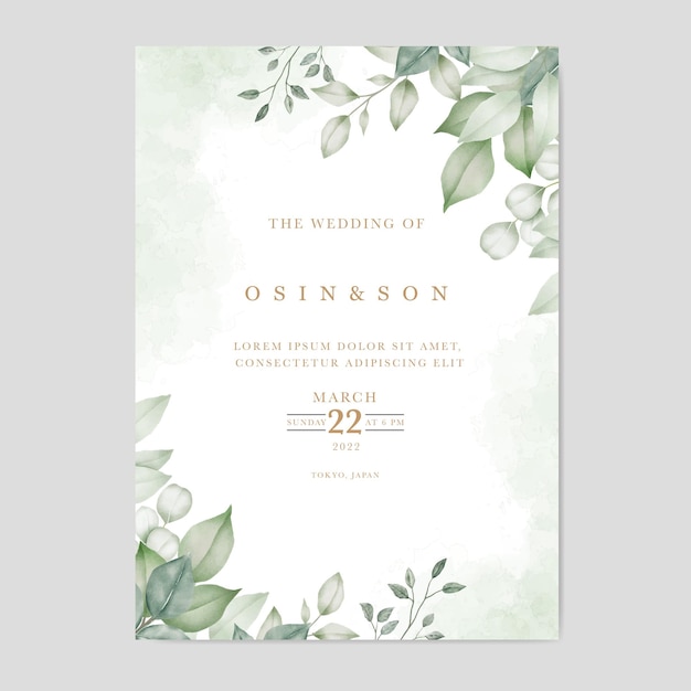 Vector green leaves wedding invitation card template