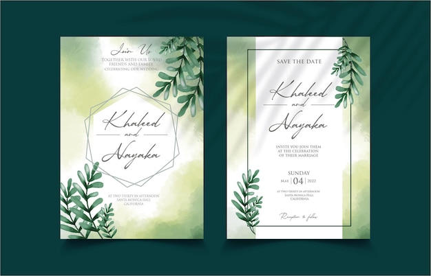 Green leavescwatercolor hand drawn wedding invitation