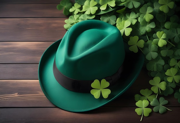 Green leprechaun hat with clover leaf on wooden table closeup St Patricks Day celebration