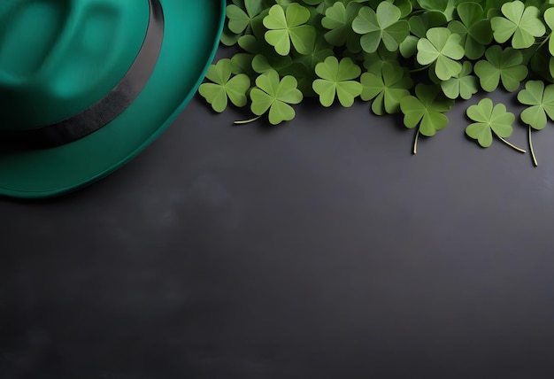 Green leprechaun hat with clover leaf on wooden table closeup St Patricks Day celebration