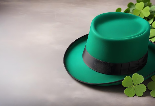 Green leprechaun hat with clover leaf on wooden table closeup St Patricks Day celebration