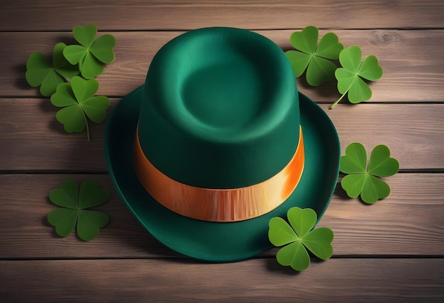 Green leprechaun hat with clover leaf on wooden table closeup St Patricks Day celebration