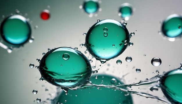 Green liquid droplets collide and merge creating intricate splashes and bubbles against a soft green background