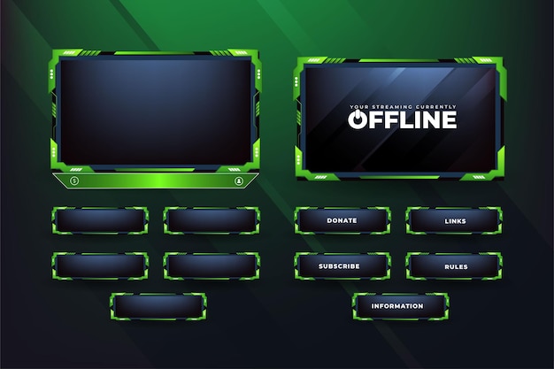 Green Live stream overlay design with offline screen section and colorful buttons Live streaming overlay decoration for online gamers Futuristic gaming overlay vector for screen panels