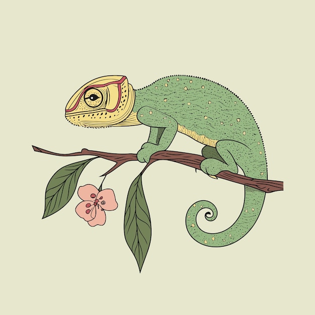 Vector a green lizard with a green head sits on a branch with a flower