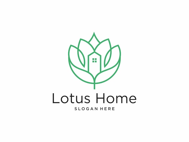 Green lotus flower and home logo design with clean lines good use for real estate or hotel logo