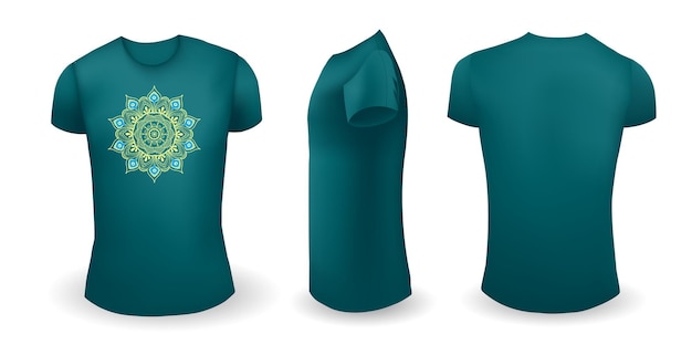 Green male t shirt with mandala front back and side view vector