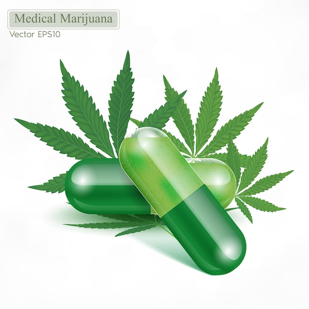 Green Marijuana Leaves Medical herbs pills and capsules