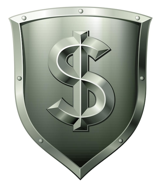 Green metal shield with dollar sign isolated on white