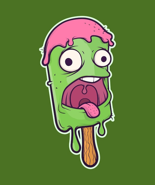 A green monster ice cream with a pink face on a green background.