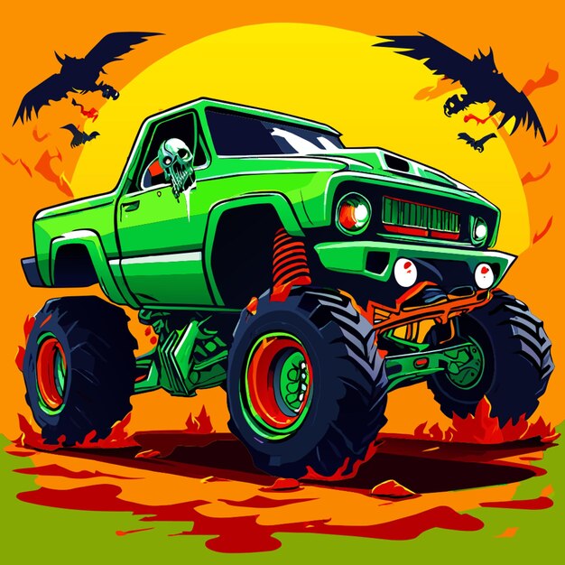 Vector a green monster truck with a monster on the front