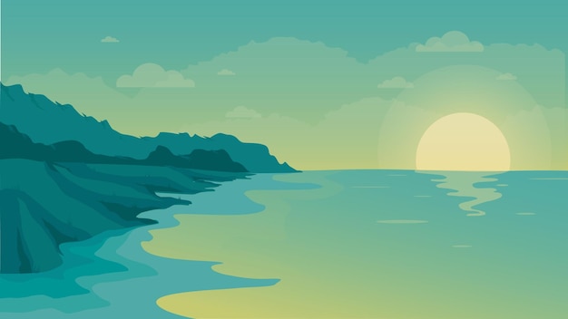 Green mountain beach landscape vector design illustration