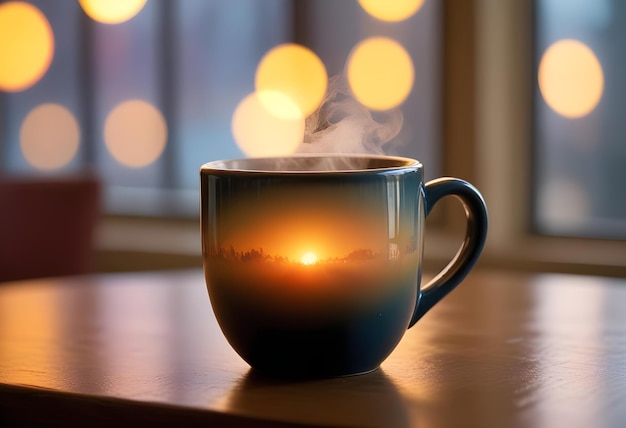 Vector a green mug with steam rising from it sitting on a wooden table the background is a blurred cafe interior