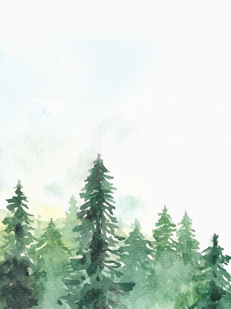 Green natural pine tree forest watercolor painting with copy space