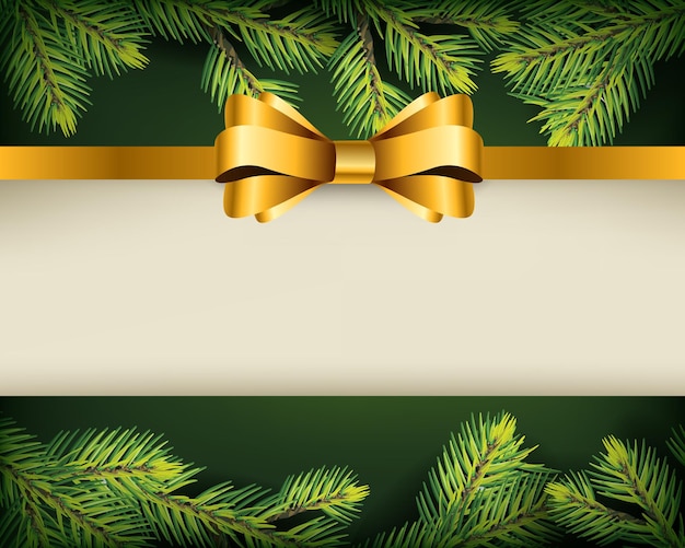 green nature background with firs and golden ribbon