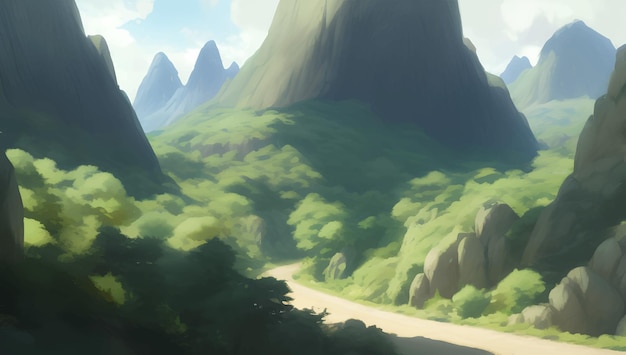 Green Nature Hill and Mountains Scenery During The Day Detailed Hand Drawn Painting Illustration