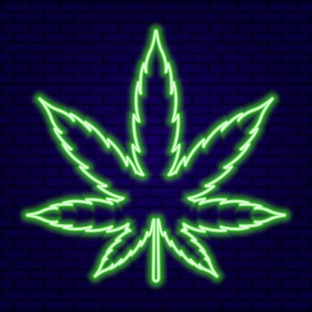 Vector green neon cannabis leaf on dark blue wall background vector illustration