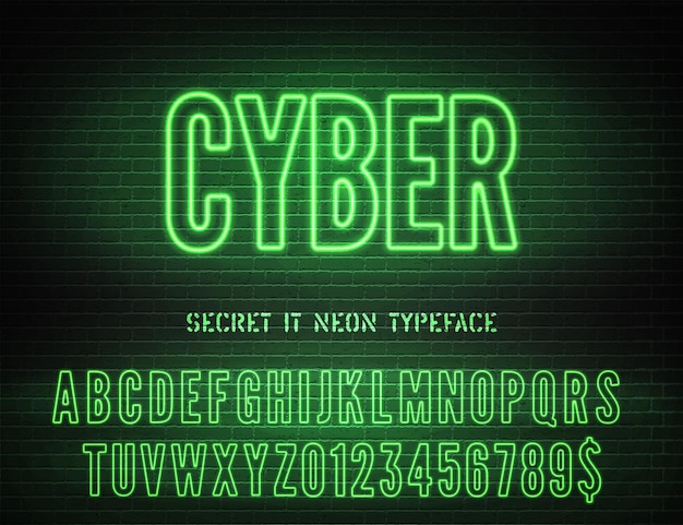 Green neon hollow typeface and vector Cyber night light sign