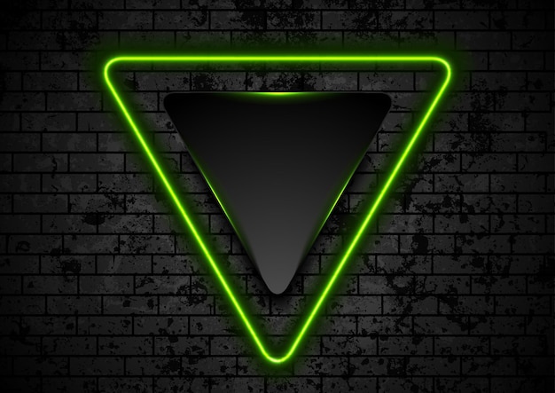 Green neon luminous triangle on dark grunge brick wall background Vector glowing retro design