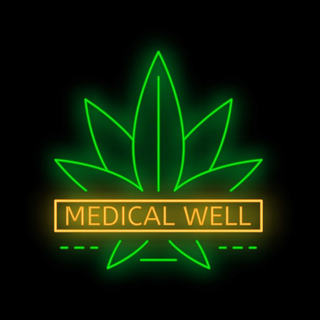 Green neon sign promoting medical well being with cannabis leaf