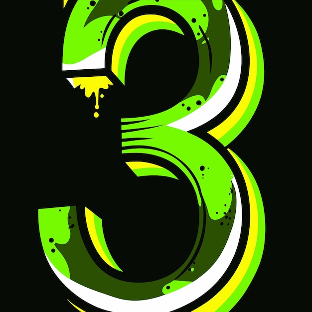 a green number 3 is painted on a black background