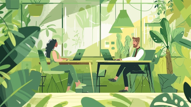 Vector green office concept with man and woman sitting together