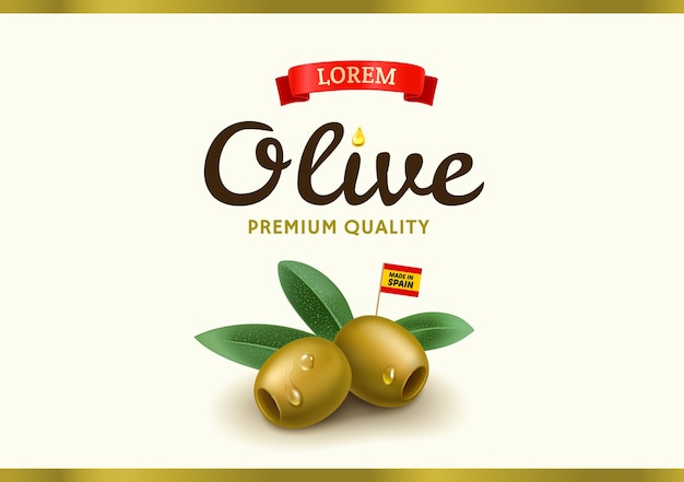 Green olive label with realistic olive, design for canned olives packaging and olive oil.  illustration