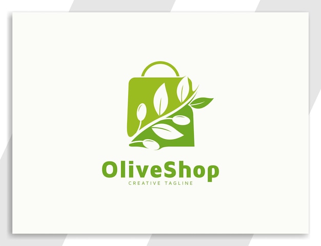 Green olive oil shop logo with leaves and shopping bag illustration