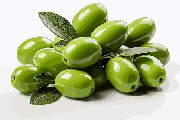 Green olives bunch isolated on white background as package design element Olive fruit and leaves