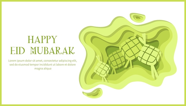 green paper layer art with the text happy eid mubarak for idul fitri card