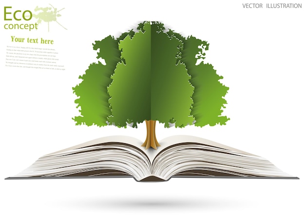 Vector green paper tree growing from an open book the concept of ecology to save the planet