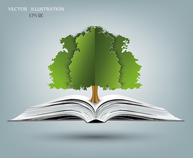 Vector green paper tree growing from an open book the concept of ecology to save the planet